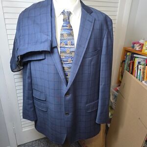 Hart Schaffner Marx Matt Willman Suit 44L Blue Plaid Wool Blend 2 Button 44x30.5